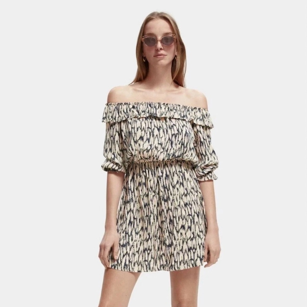 Scotch & Soda Off-Shoulder Viscose  Dress in Cream, Black & Pink